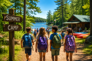 Children with backpacks walk along a wooded path toward a lakeside summer camp on a sunny day. A rustic wooden sign points toward camp, while cabins, kayaks, and campers can be seen near the water in the background. The scene conveys friendship, adventure, and the excitement of summer camp.