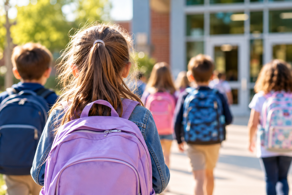 children walking into school wearing backpacks